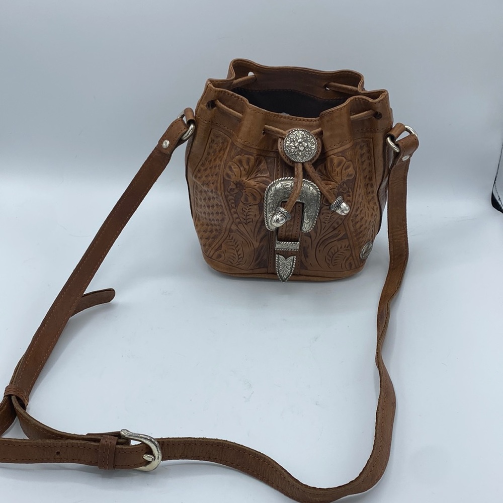 American West hand tooled mini bucket bag